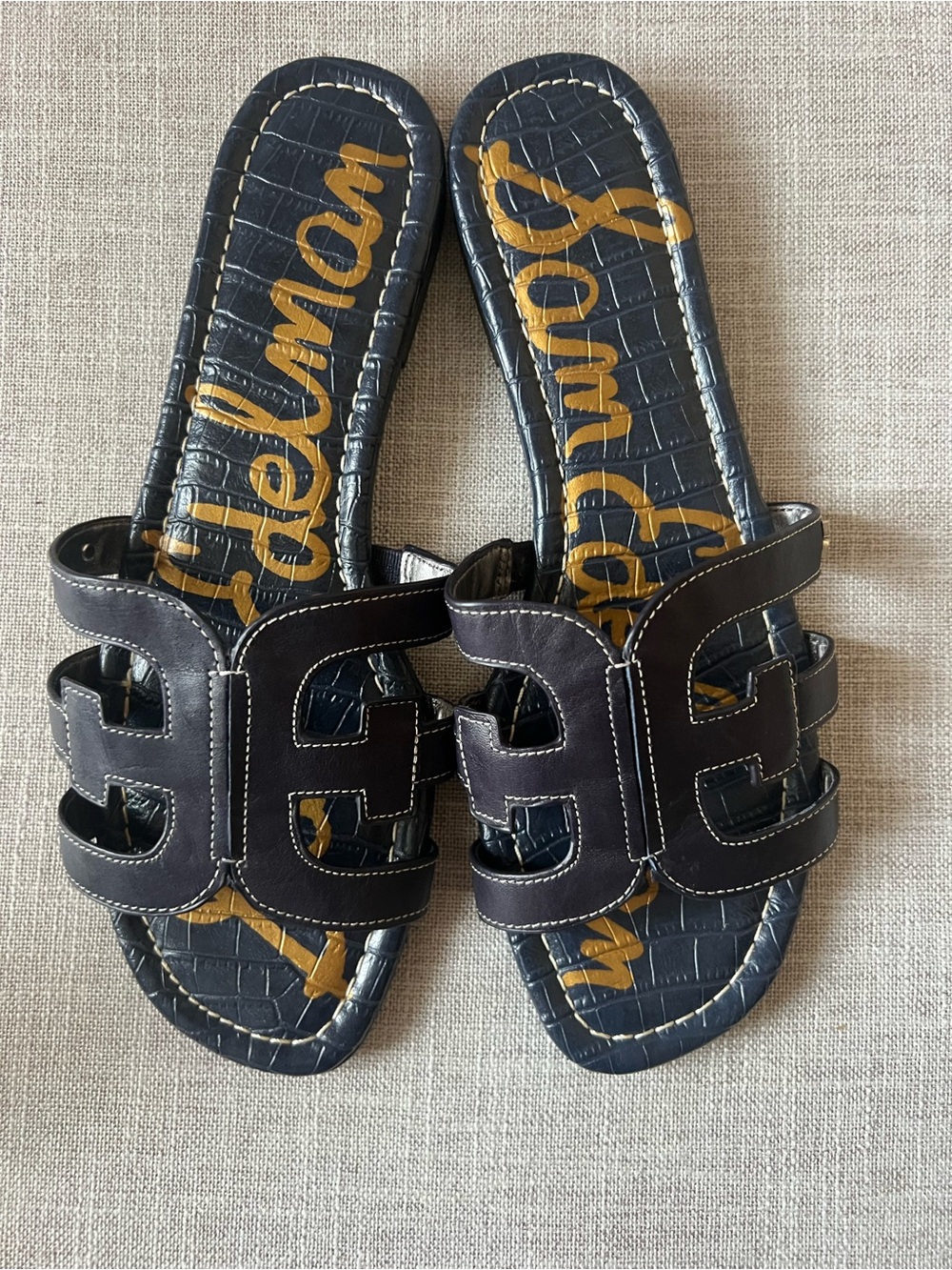 Sam Edelman Summer Leather Navy Slide Sandals logo design straps,Women’s size 9